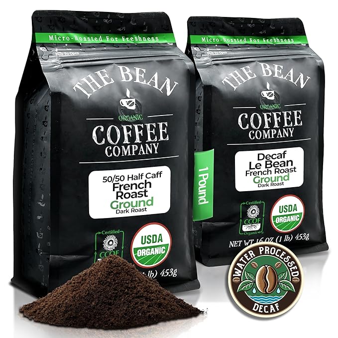 The Bean Organic Coffee Company Water Processed DECAF Le Bean and 50/50 (Half Caff) French Roast 50% Decaf Dark French Roast Ground Coffee 16-Ounce Bag Café Molido Tostado Orgánico descafeinado