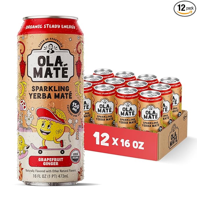 Yerba Mate Energy Drink - Low Sugar Sparkling Tea Cans with Ashwagandha Lion’s Mane USDA Organic Clean Energy Drink with 150mg Natural Caffeine Ola Mate Grapefruit Ginger