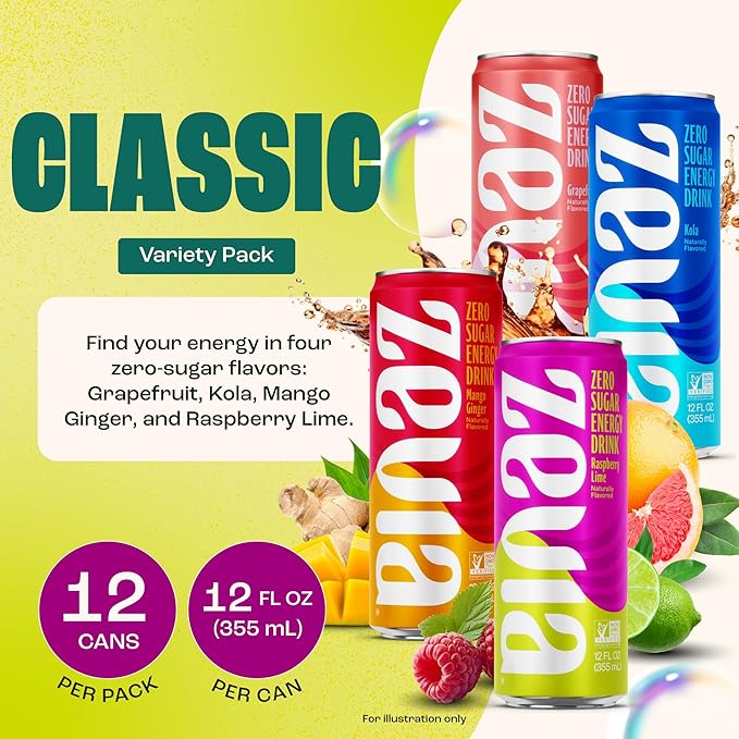 Zevia Zero Sugar Energy Drink Classic Variety Pack 12 oz Cans (12-Pack) – Naturally Sweetened Non-GMO Project Verified Gluten-Free Vegan