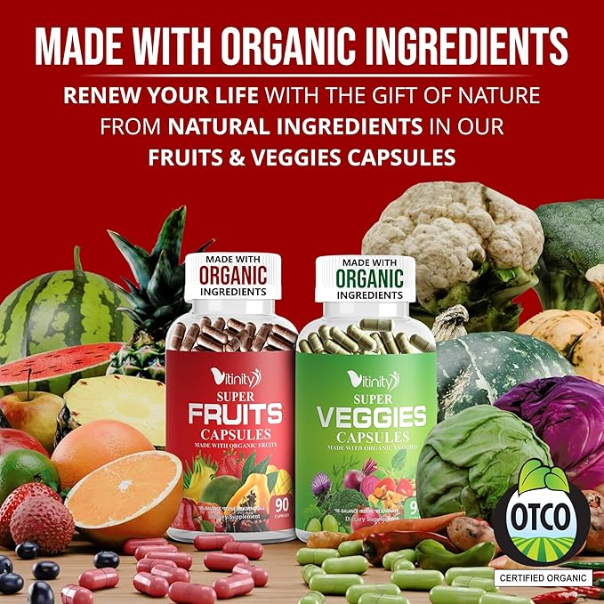 Made with Organic Fruits &amp Veggies Capsules-Superfood Vegetable Vitamin Supplement for Women &amp Men-Blend of Fruits and Greens for Daily Health.Fruits and Vegetables Supplements (30-Day Supply)
