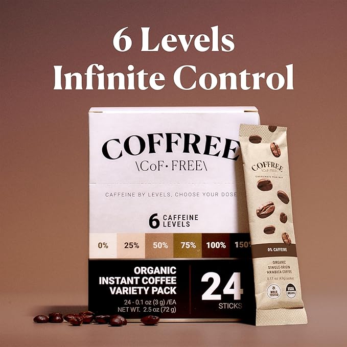 COFFREE Organic Instant Coffee Packets - 150% Extra Strong Dark Roast Convenient Coffee Sticks Mold Free Low Acid Arabica for On-the-Go Energy - Hot or Cold Single Serve Travel Packets 24 Count