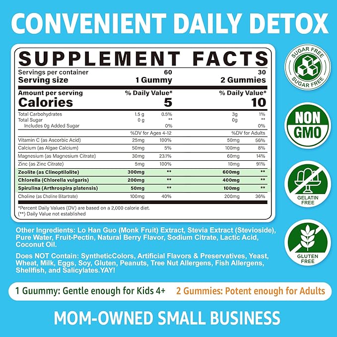 Zeolite Dêtõx for Kids &amp Adults Sugar Free Kids Tõxin Dêtõx Gummies w/ Chlorella Spirulina Minerals Choline - Gentle Heavy Mêtâl Dêtõx for Digestive Immune Focus Energy Bone Vegan 120cts