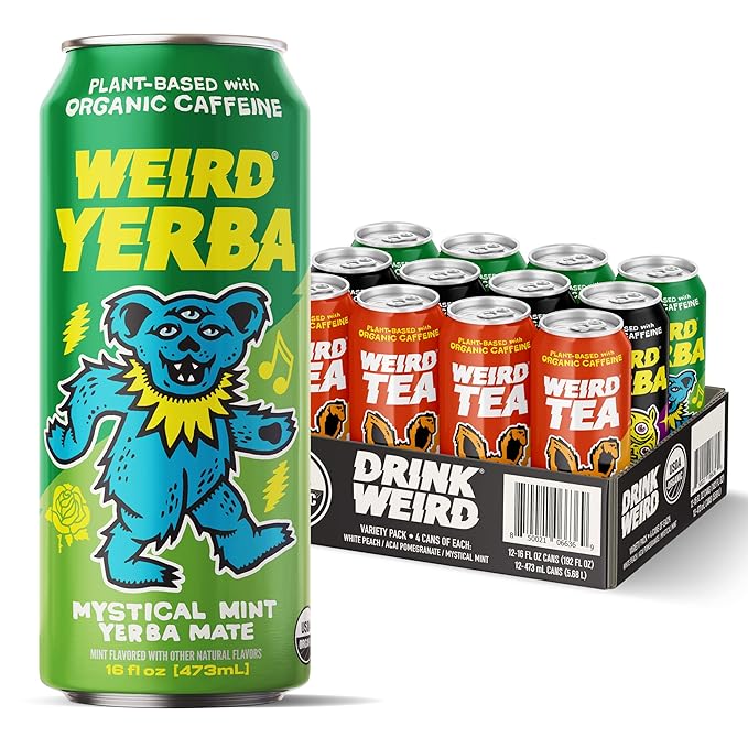 Drink Weird Best Sellers Variety Pack - Acai Pomegranate Yerba Mate White Peach Oolong Tea Mystical Mint Yerba Mate. 12pk of 16oz Cans. Better Energy Drink Alternative.