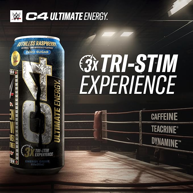 C4 Ultimate x WWE | 300mg Caffeine Sugar Free Energy Drink | Ruthless Raspberry| 16oz (Pack of 12)