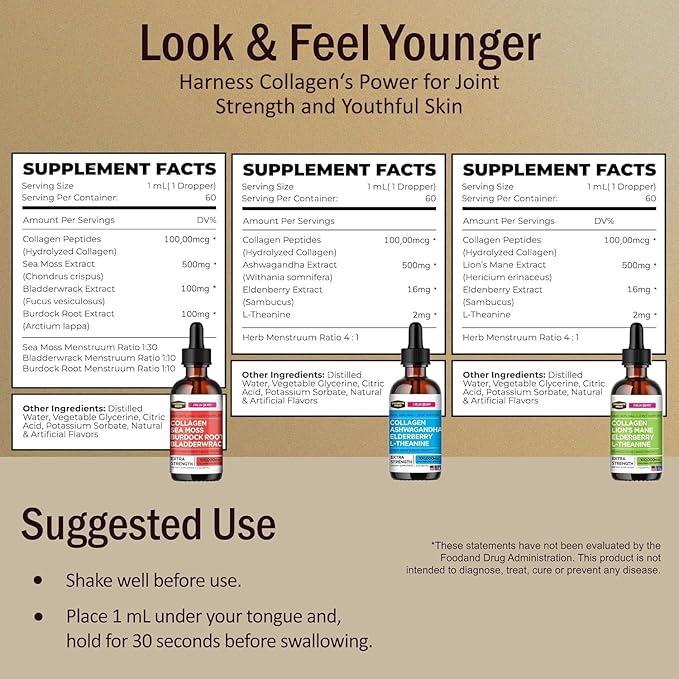 Collagen Mojo Liquid Collagen Peptides with Sea Moss Burdock Root &amp Bladderwrack + Ashwagandha Elderberry &amp L-Theanine + Lions Mane Mushroom Elderberry &amp L-Theanine