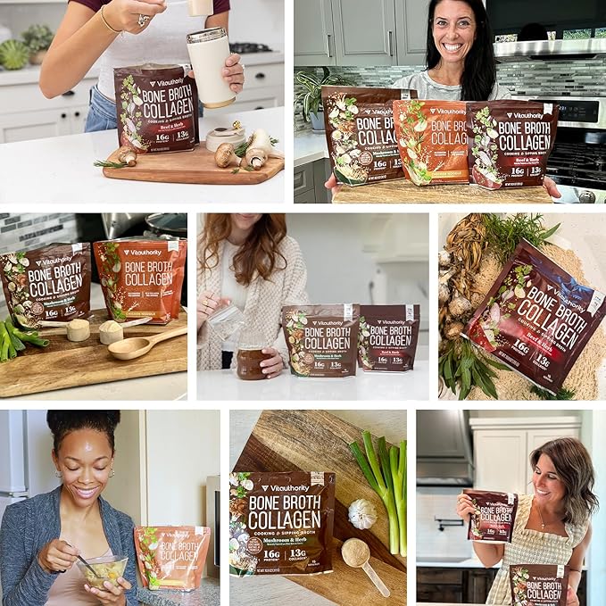 Bone Broth Collagen Powder 16g Collagen Protein per Serving Supports Joints Skin Nails &amp Gut Health Made from Real Beef Bone Broth Savory Collagen for Soups &amp Stews Mushrooms Herb Flavored 15