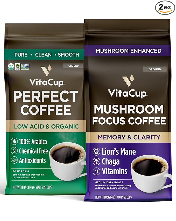VitaCup Focus Mushroom Coffee Grounds for Memory &amp Clarity Medium Dark Roast 10oz | Perfect Low Acid Single Origin Organic Coffee Grounds Dark Roast 10 oz Ground Coffee Bundle