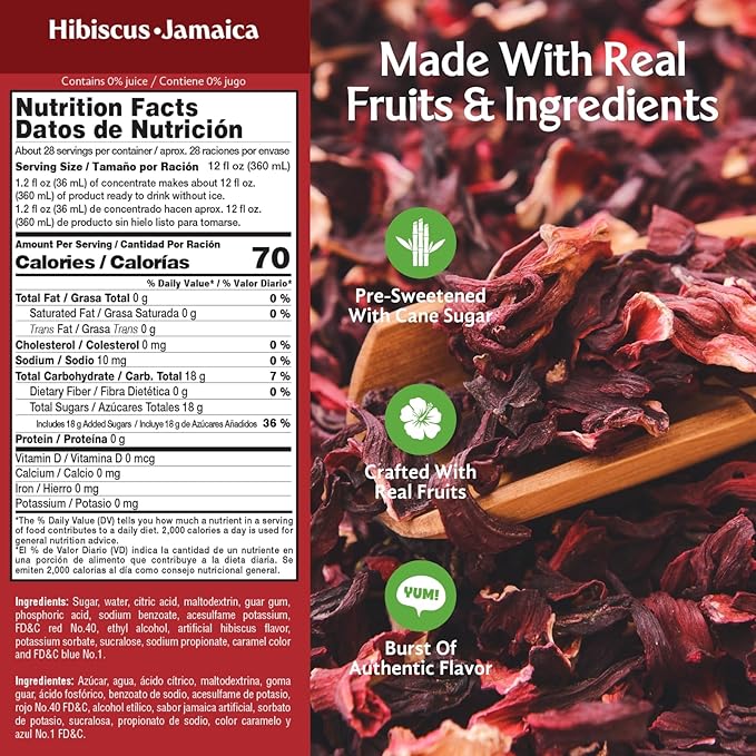 Frutiva Authentic Hibiscus Drink Mix | Aguas Frescas Concentrate Makes 2.6 Gallons Per Bottle | Made in Mexico with Cane Sugar | Sabores |No High Fructose Corn Syrup | Perfect for Drinks Desserts &am