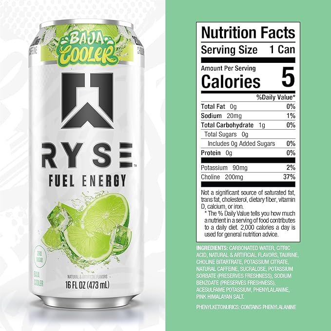 RYSE Fuel Energy Drink - Baja Cooler - Sugar Free Gluten Free &amp Vegan - 200mg Natural Caffeine Taurine &amp Choline for Focus &amp Energy - No Artificial Colors - 16 fl oz Cans (12-Pack)