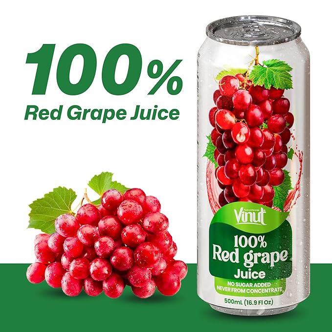 VINUT 100% Red Grape Juice No Added Sugar Not From Concentrate 16.9 fl oz (500 mL) Can Pack of 12