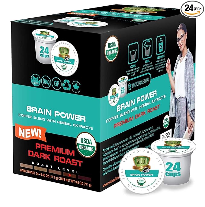 SOLLO Brain Power Dark Coffee Pods MCT &amp Essential nutrition Nootropic Brain Booster For Memory &amp Focus Compatible with 2.0 K-Cup Keurig Brewers 24 Count
