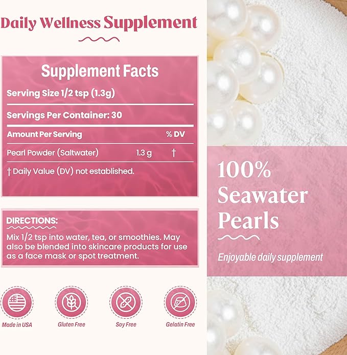 Akasha Superfoods Pearl Powder Supports Collagen Production Blend Into Drinks Smoothies or Skincare Source of Calcium Amino Acids &amp Minerals Gentle on Sensitive Skin Gluten Free 1.4 Oz