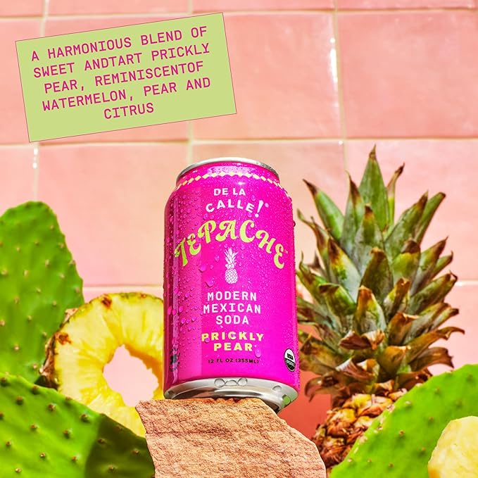 De La Calle Tepache - Cactus Prickly Pear - Modern Mexican Soda - Craft Fermented Pineapple Sparkling Beverage - Certified Organic Antioxidant Rich Non-Alcoholic Healthy Soda Low Sugar Low Calori