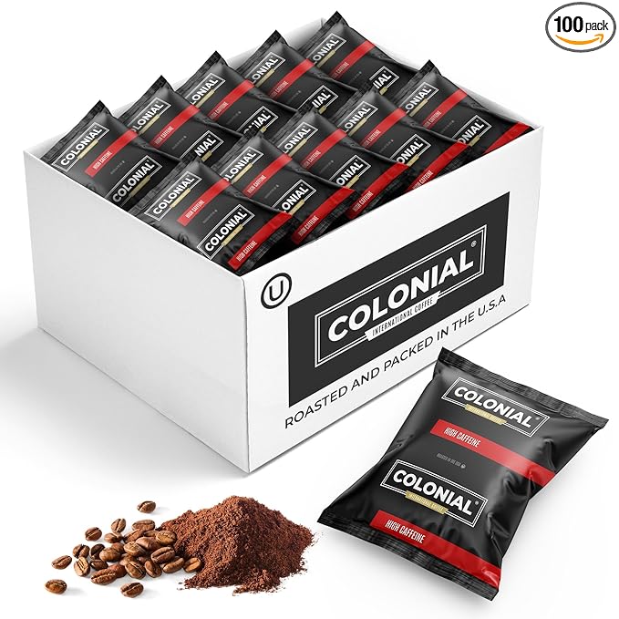 Colonial Coffee Packets Pre Ground Coffee Packs High Caffeine Blend Medium - Dark Roast Bulk Single Pot Bags for Drip Coffee Makers (2.5 oz Bags Pack of 100)