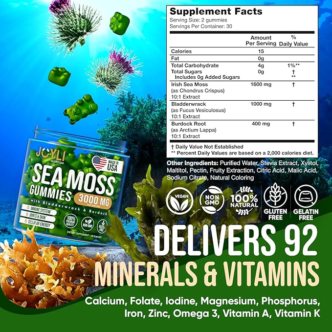 JOYLI Nutrition 2 Pack - Sea Moss Gummies for Adults &amp Kids – Vegan Irish Sea Moss Supplement with Bladderwrack &amp Burdock Root – Sugar-Free Immune Support Supplements - 60 Gummy Bears per Pack