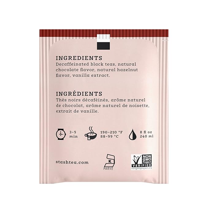 Stash Tea Decaf Chocolate Hazelnut Black Tea - Decaf Non-GMO Project Verified Premium Tea with No Artificial Ingredients 18 Count (Pack of 6) - 108 Bags Total