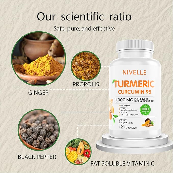 NIVELLE Turmeric Curcumin | Pure Turmeric Curcumin Supplement 1000mg | 95% Curcuminoids with Bee Propolis Ginger MCT Oil Fat Soluble Vitamin C &amp Black Pepper | 120 Capsules (1)