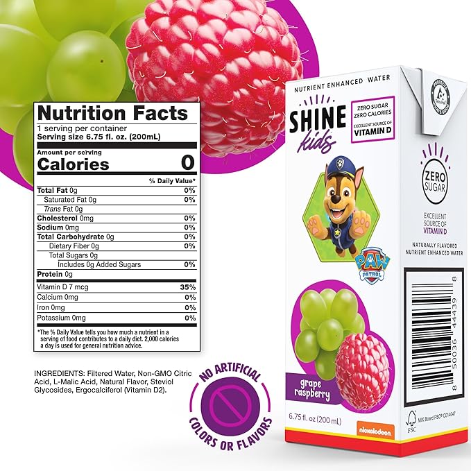 Shine Water x Paw Patrol Grape Raspberry Kids Juice Boxes with Vitamin D | No Added Sugar | Naturally Flavored Drinks for Kids | Vegan Gluten Free Zero Calorie Hydration | 32 Pack