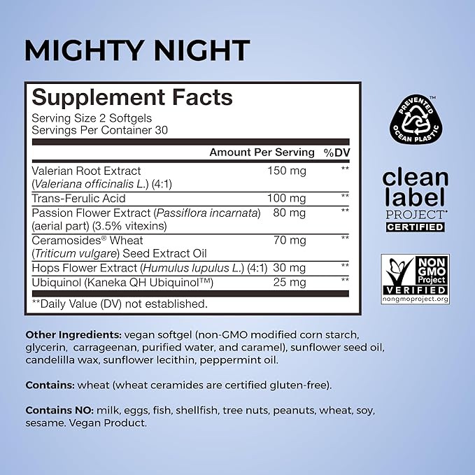 HUM Mighty Night Nighttime Sleep Supplement for Skin Care CoQ10 Valerian Root &amp Ferulic Acid to Support Cell Turnover Skin Vitamins for Women and Men Overnight Beauty Vitamins 60 Vegan Softge