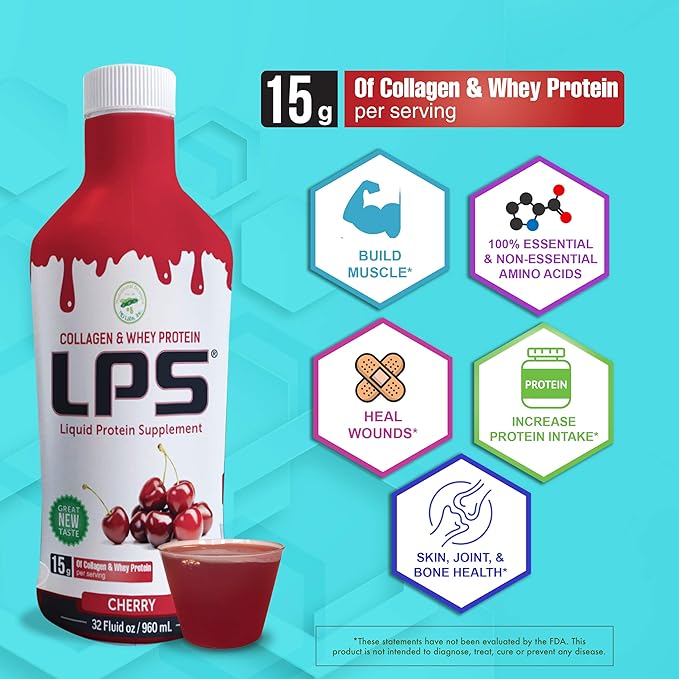Nutritional Designs LPS Liquid Collagen &amp Whey Protein Supplement - Non-GMO Drink Sugar-Free - Promotes Healthy Skin &amp Hair for Men &amp Women Single Serve (Cherry 25 Packets)