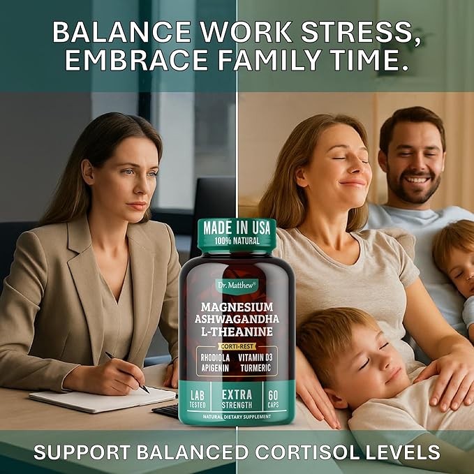 Cortisol Reducer &amp Adrenal Support Supplement–Natural Stress Relief with Ashwagandha KSM-66 Magnesium Glycinate &amp Citrate L-Theanine Rhodiola Apigenin Turmeric &amp Vitamin D3–Calm Mood