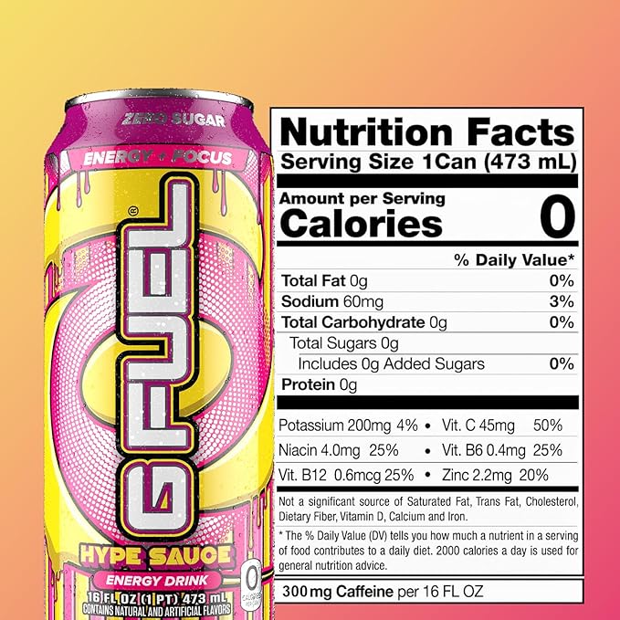G Fuel Energy Drink Raspberry Lemonade Sugar Free Beverage with 300mg Caffeine Daily Energy Boost with Focus Amino Vitamin + Antioxidants 16 oz Cans (Hype Sauce 12-Pack)