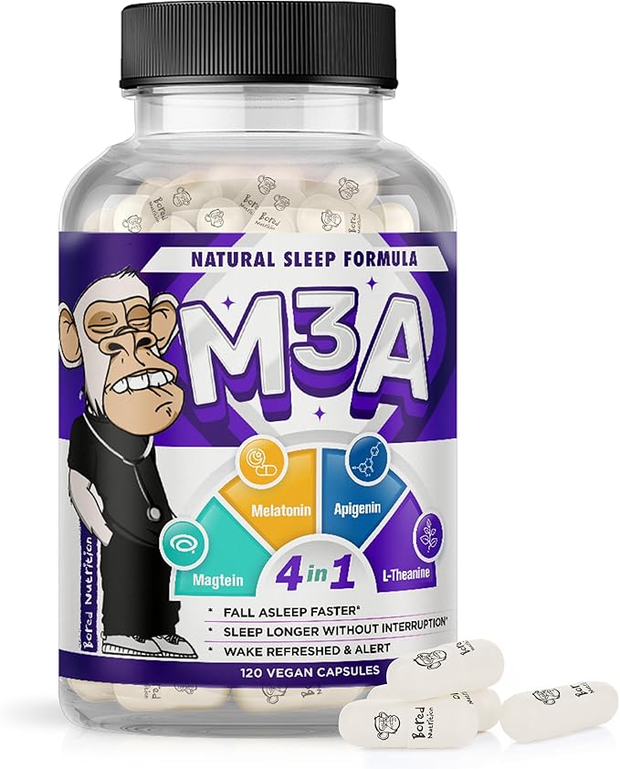 M3A Sleep Support - Magtein Apigenin Melatonin with L-Theanine - 90 Capsules - 2 Pack - Premium 4-in-1 Non-Habit Forming Natural Sleep Aid - Restful Nights and Refreshing Mornings by Bored Nutrition