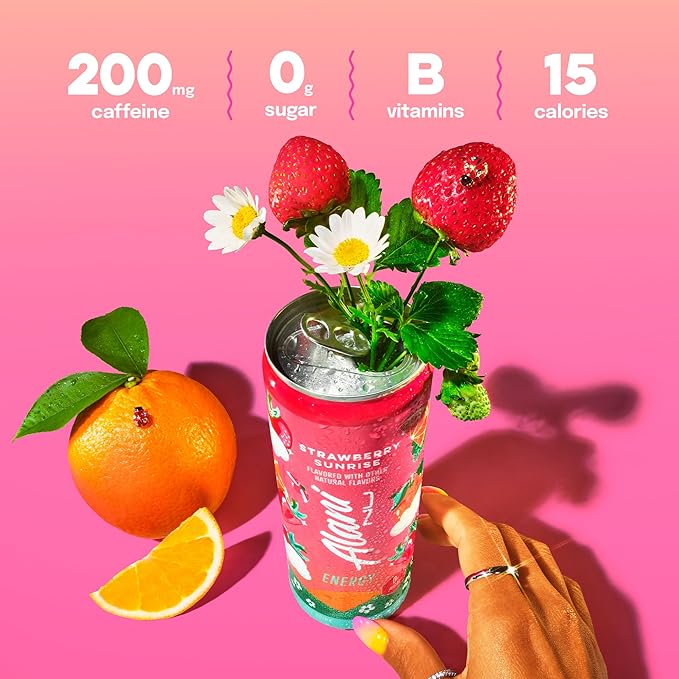 Alani Nu STRAWBERRY SUNRISE Sugar Free Low Calorie Energy Drinks 200mg Caffeine Biotin B Vitamins Zero Sugar 10 Calories 12 Fl Oz Cans 12 Pack
