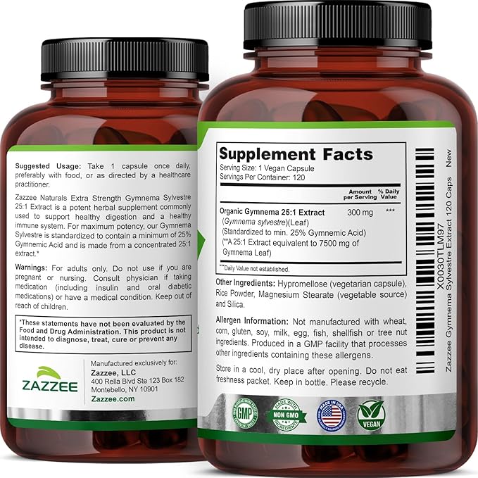 Zazzee Organic Gymnema Sylvestre 25:1 Extract 7500 mg Strength 25% Gymnemic Acid 120 Vegan Capsules 4 Month Supply Standardized and Concentrated 25X Extract All-Natural and Non-GMO (Pack of 2)