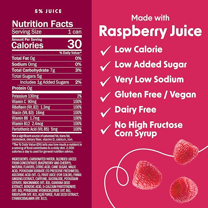 BING RAZ Energizing Juice Beverage – Raspberry (12oz/24pk) – Made with REAL Juice! Only 1g added Sugar Low Calorie 5 B-Vitamins &amp Ginseng 100mg Caffeine Vegan Gluten + Dairy Free. DELICIOUS