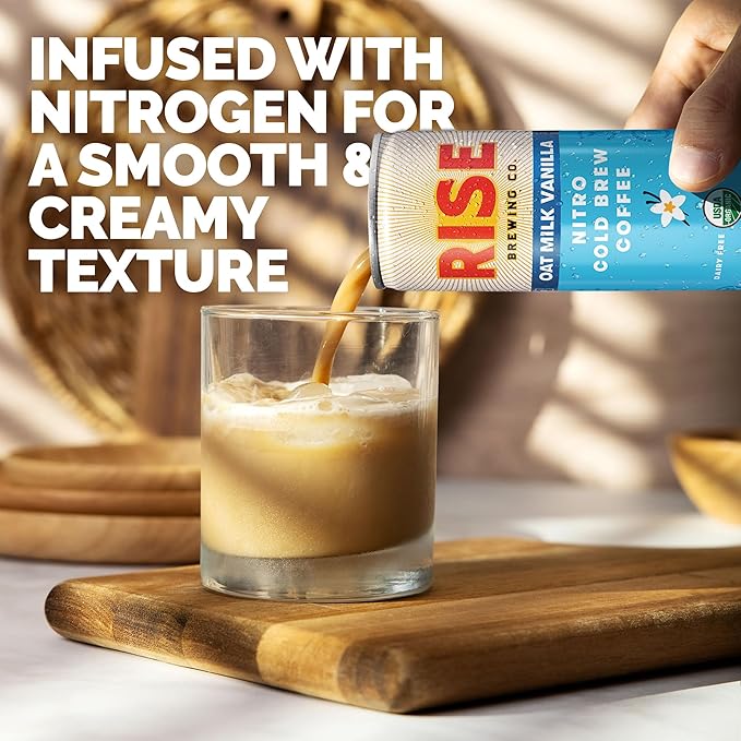 RISE Brewing Co. Vanilla Oat Milk Nitro Cold Brew Coffee No Sugar Added &amp No Dairy Organic &amp Non-GMO Low Acidity &amp Vegan 7 Fl. Oz. Cans