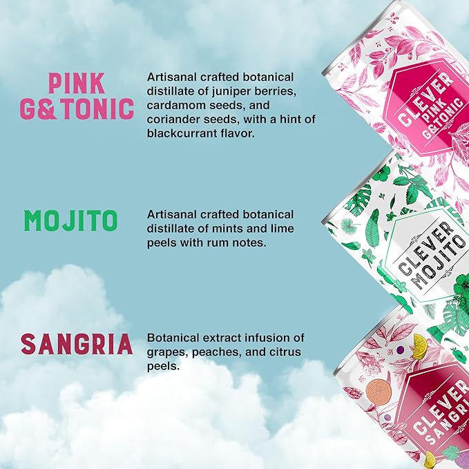 CLEVER - Nonalcoholic Mocktails Mix Pack 3 Mocktails Non-alcoholic Drinks: Mojito Sangria &amp Pink G &amp Tonic Low-Calorie All-Occasion Refreshing Beverages Pack of 12 (4 Cans per Variant 12