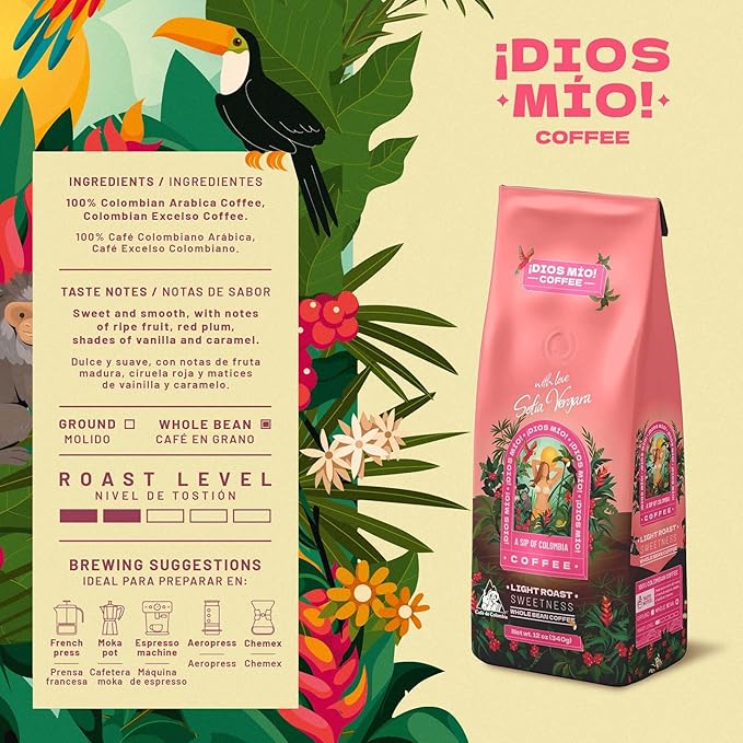 Dios Mio Coffee by Sofia Vergara Light Roast Whole Bean Premium Colombian Coffee 12 Ounce Bag (Pack of 2)