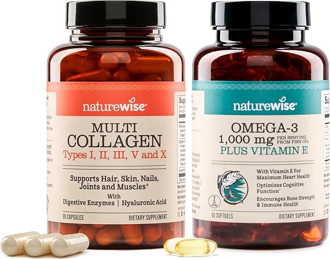 NatureWise [1] Multi Collagen Peptides Pills + Hyaluronic Acid - 90 Capsules[30 Day Supply] + [1] Omega 3 Fish Oil 1000mg + Vitamin E - Wild-Caught - 60 Softgels[30-Day Supply]