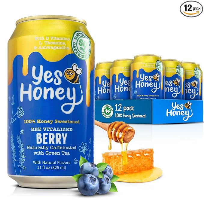 Yes Honey Sparkling Berry Tea 11oz (12-Cans) 100% Honey-Sweetened Functional Tea Alpha Gal Friendly With Green Tea Caffeine B Vitamins &amp Ashwagandha