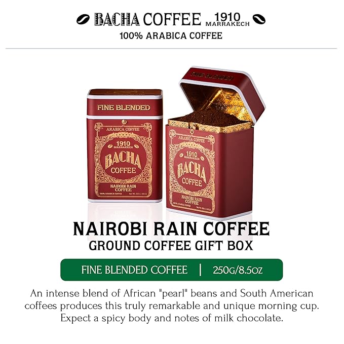 Bacha Coffee | Nairobi Rain Fine Blended Ground Beans Medium Dark Roast 100% Arabica Specialty Coffee 250g Signature Nomad Collection Gift Box