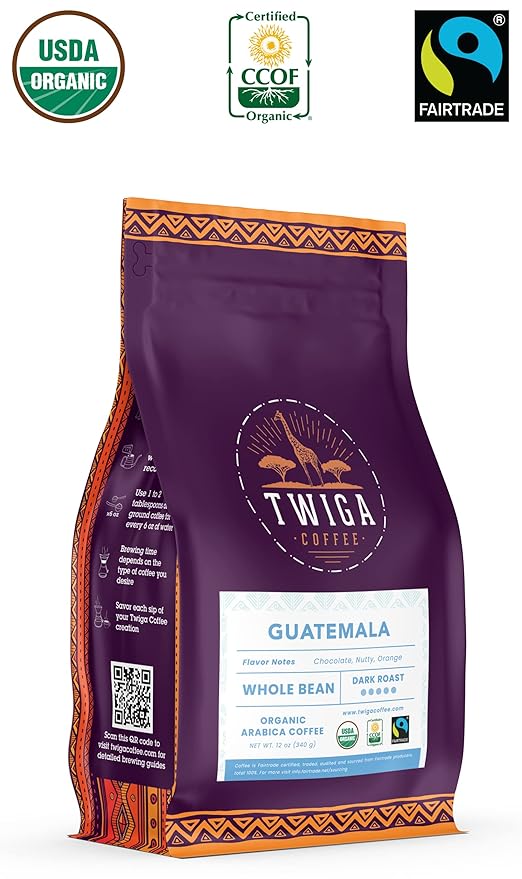 Twiga Coffee Guatemalan Coffee Beans – Premium Dark Roast Arabica Guatemala Whole Beans with Rich Chocolate Nutty &amp Orange Notes – Single Origin Whole Bean Coffee – 12 oz