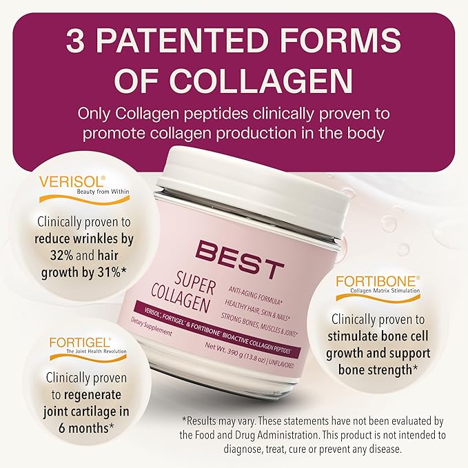 FORTIBONE® Collagen - 3 Clinically-Supported Bioactive Collagen Peptides with FORTIBONE® FORTIGEL® VERISOL® Unflavored Collagen for Women - Reduce Wrinkles Improve Bone Density - 30 Servings