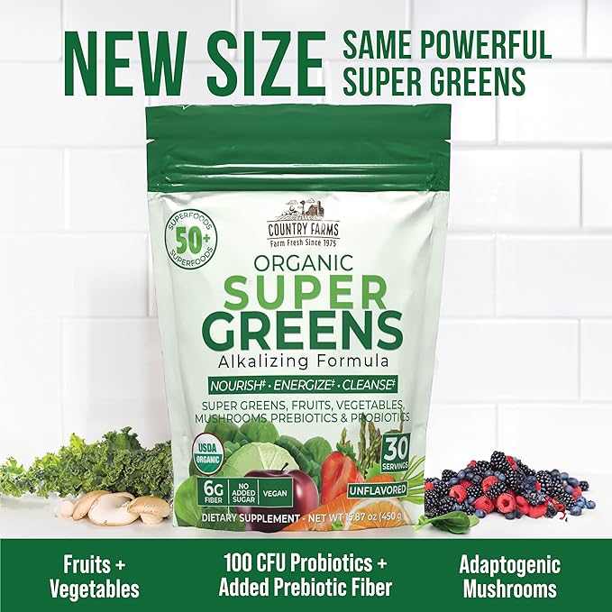 Country Farms Super Greens Natural Flavor 50 Organic Super Foods USDA Organic Drink Mix (Wheat Grass Spirulina Chlorella) Mushrooms &amp Probiotics Fiber Gut Health Natural Energy 30 Servings
