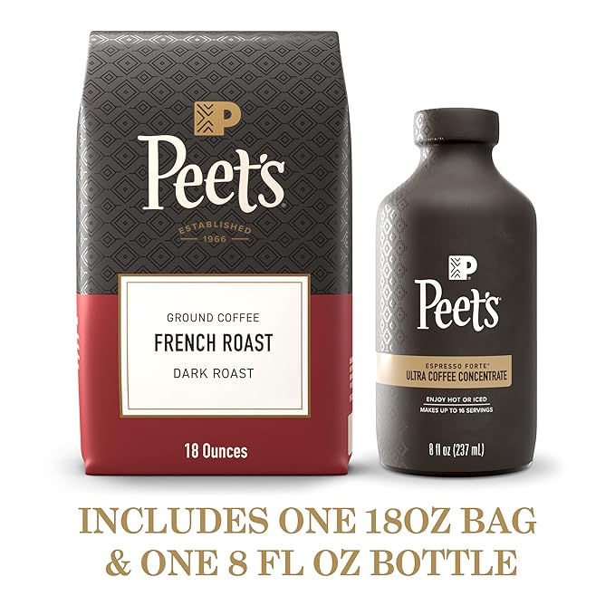 Bundle of Peet's Coffee Ultra Coffee Concentrate Cold Brew or Iced Coffee - Espresso Forte 8 Fluid Ounce Bottle (16 Servings) + USDA Organic Dark Roast Ground Coffee - French Roast 18 Ounce Bag