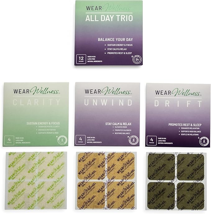 All Day Trio - Unwind Drift &amp Clarity Film Patches - Topical Patches for Calm Focus &amp Sleep Support - Long-Lasting Effect – 12 Pack
