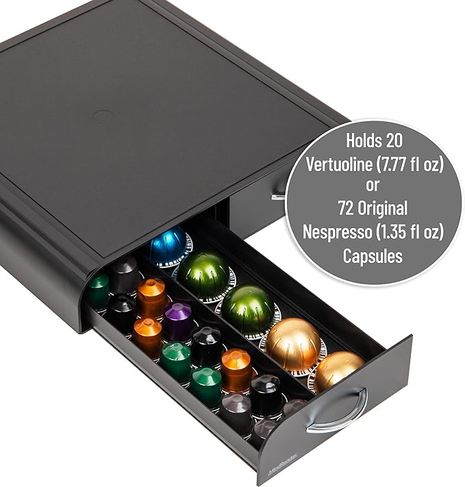Mind Reader Single Serve Coffee Pod Organizer with 2 Drawers Compatible with 18 Vertuoline (7.77 fl oz) or 72 Original Nespresso (1.35 fl oz) capsules Plastic 13.25L x 12.75W x 2.5H Black