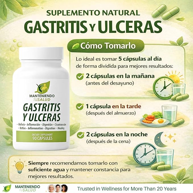 Gastritis y Ulceras Digestive Support Slippery Elm Bark Goldenseal Root 90 Capsules
