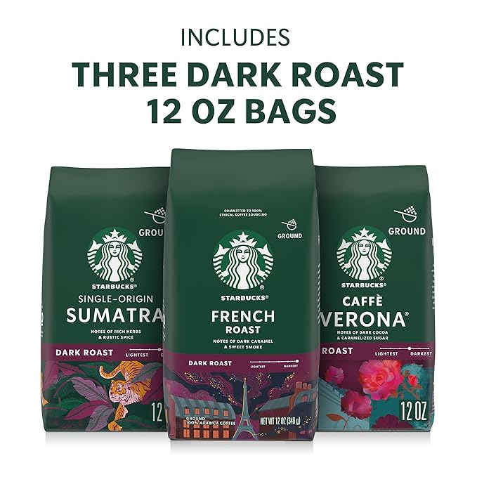 Starbucks Ground Coffee Dark Roast Hot or Iced Coffee Variety Pack Three 12 oz Bags