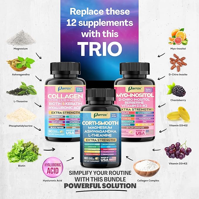 She Shines Set – Collagen Cortisol &amp Myo-Inositol Bundle – Collagen Peptides I II III V X + Biotin Hyaluronic Acid – Hormone Balance Calm Energy &amp Glowing Skin
