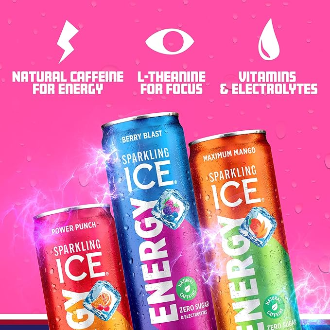 Sparkling Ice Energy Variety 12Pk. Energy Drinks with Vitamins + Antioxidants Zero Sugar Berry Blast Maximum Mango Power Punch flavors. 12 fl oz cans.