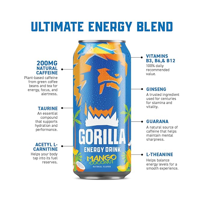 Gorilla Energy Drink Mango Coconut &amp Cherry Berry 200mg Natural Caffeine Real Fruit Juice Squeezed &amp Concentrated No Added Sugar and No Artificial Colors 24 Cans
