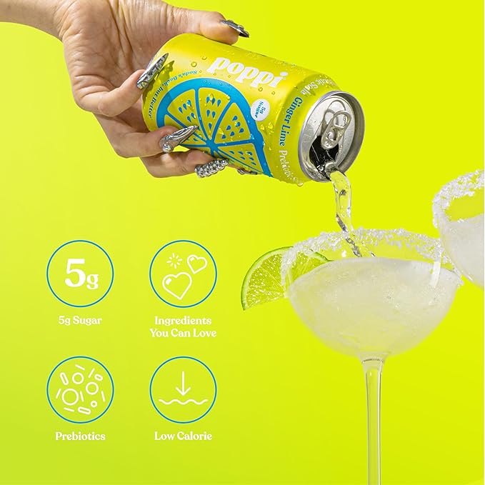 Poppi Sparkling Prebiotic Soda Beverage with Apple Cider Vinegar Seltzer Water and Fruit Juice Ginger Lime Flavor 12 FL Oz Pack of 12 Packaging May Vary