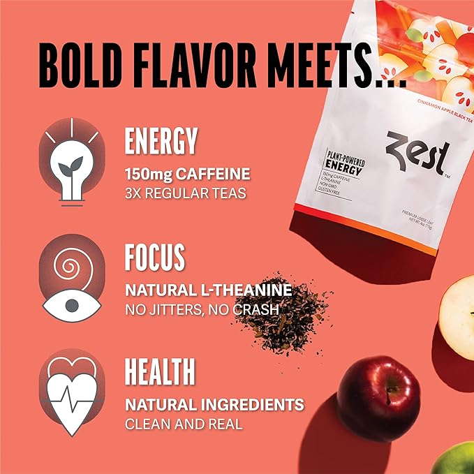 Zest Energy Tea - Cinnamon Apple Spice High Caffeine Black Tea Loose Leaf Blend - Caffeinated Coffee Altnernative/Substitute - Natural Non-GMO &amp Keto Friendly - Hot or Iced - 50 Servings - 150mg