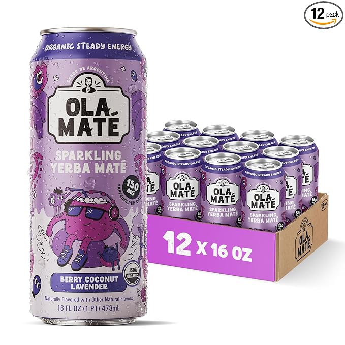 Yerba Mate Energy Drink - Low Sugar Sparkling Tea Cans with Ashwagandha Lion’s Mane USDA Organic Clean Energy Drink with 150mg Natural Caffeine Ola Mate Berry Coconut